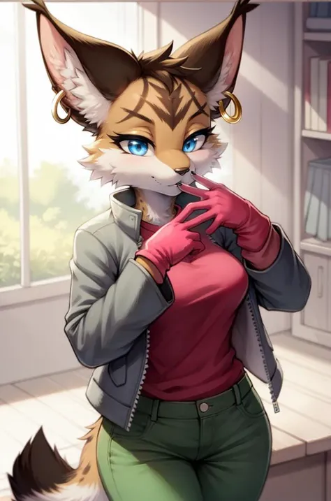 (anthro furry:1.2),1girl, solo, MiyuCzar, female, lynx, (brown fluffy fur, lynx ears, blue eyes, small breasts, gold hoop ear ring), (grey jacket, pink shirt, green pants, gloves), (standing, blowing kiss,), (masterpiece:1.2), hires, ultra-high resolution, 8K, high quality, (sharp focus:1.2), clean, crisp, cinematic, <lora:Miyu1-12:1>