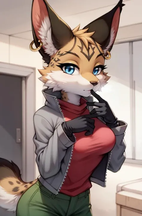(anthro furry:1.2),1girl, solo, MiyuCzar, female, lynx, (brown fluffy fur, lynx ears, blue eyes, small breasts, gold hoop ear ring), (grey jacket, pink shirt, green pants, gloves), (standing, blowing kiss,), (masterpiece:1.2), hires, ultra-high resolution, 8K, high quality, (sharp focus:1.2), clean, crisp, cinematic, <lora:Miyu1-12:1>