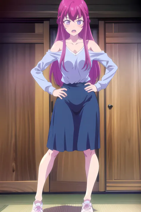 1girl, solo, long hair, looking at viewer, blush, open mouth, shirt, holding, bare shoulders, purple eyes, collarbone, upper body, pink hair, purple hair, braid, shoes, hand on hip, blue shirt, french braid, holding shoes, terrace style <lora:terrace_style_v0.3.6:0.5>, ouka <lora:OukaMakuzawa:0.8>