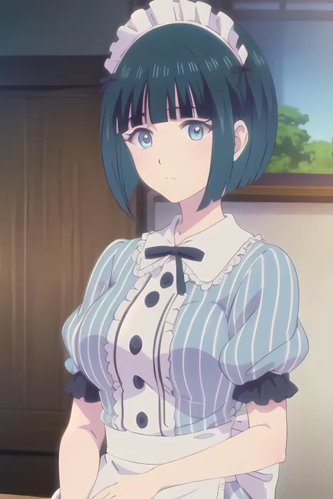 1girl, solo, looking at viewer, short hair, bangs, blue eyes, shirt, dress, bow, ribbon, closed mouth, upper body, hair bow, frills, green hair, striped, puffy sleeves, blunt bangs, blurry, maid, maid headdress, black ribbon, neck ribbon, blue dress, bob cut, vertical stripes, door, terrace style  <lora:terrace_style_v1.0:0.5>, ono  <lora:ShiragikuOno:0.8>
