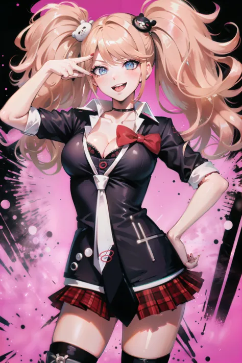 long hair, 1girl, hair ornament, twintails, solo, breasts, blue eyes, cleavage, bow, bear hair ornament, necktie, blonde hair, smile, bangs, large breasts, looking at viewer, collarbone, shirt, nail polish, red bow, black shirt, underwear, bra, skirt, choker, black bra, sleeves rolled up, white necktie, red nails, open mouth, pleated skirt, red skirt, shiny, teeth, medium breasts, miniskirt, shiny hair, upper body, school uniform, pink hair, boots, upper teeth only, plaid skirt, blush, knee boots, plaid, black footwear, cross-laced footwear, junko enoshima <lora:junko-enoshima-lora-3-10:1>