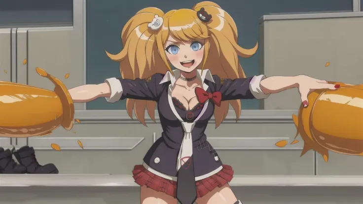 long hair,1girl,hair ornament,twintails,solo,breasts,blue eyes,cleavage,bow,bear hair ornament,necktie,(blonde hair:1.5),smile,bangs,large breasts,looking at viewer,collarbone,shirt,nail polish,(red bow:0.8),black shirt,underwear,bra,skirt,choker,black bra,sleeves rolled up,white necktie,red nails,open mouth,pleated skirt,red skirt,shiny,teeth,medium breasts,miniskirt,shiny hair,school uniform,pink hair,boots,upper teeth only,plaid skirt,blush,knee boots,plaid,black footwear,cross-laced footwear,junko enoshima,jojo pose,<lora:junko-enoshima-lora-3:1>,<lora:botw_style_offset:0.8>,
