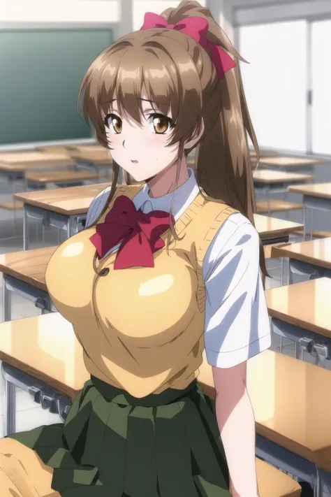 (day:1.7), Japan, Tokyo, CityView, Before Window, a classroom with desks,chalkboard, classroom, desk, indoors,school desk, school chair,
Standing at attention,
school uniform, red bowtie,Yellow_Vest,white shirt,collared shirt,brown pleated skirt,
<lora:Shizuka_SUNOHARA_Tsuma_Netori-KK77-V1:0.7>,
brown hair,brown eyes,white bow,ponytail,
1 girl, 18yo,Young female,Beautiful Finger,Beautiful long legs,Beautiful body,Beautiful Nose,Beautiful character design, perfect eyes, perfect face,
looking at viewer, in the center of the image,
NSFW,official art,extremely detailed CG unity 8k wallpaper, perfect lighting,Colorful, Bright_Front_face_Lighting,
(masterpiece:1.0),(best_quality:1.0), ultra high res,4K,ultra-detailed,
photography, 8K, HDR, highres, absurdres:1.2, Kodak portra 400, film grain, blurry background, bokeh:1.2, lens flare, (vibrant_color:1.2)
(Beautiful,large_Breasts:1.4), (beautiful_face:1.5),(narrow_waist),
