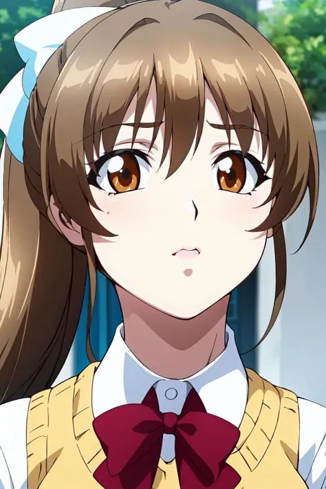 school uniform, red bowtie,Yellow_Vest,white shirt,collared shirt,brown pleated skirt, <lora:Shizuka_SUNOHARA_Tsuma_Netori-KK77-V1:0.7>, brown hair,brown eyes,white bow,ponytail,
1 girl, 20yo,Young female,Beautiful Finger,Beautiful long legs,Beautiful body,Beautiful Nose,Beautiful character design, perfect eyes, perfect face,expressive eyes, looking at viewer, in the center of the image,(light_smile:0.5), official art,extremely detailed CG unity 8k wallpaper, perfect lighting,Colorful, Bright_Front_face_Lighting,shiny skin, (masterpiece:1.0),(best_quality:1.0), ultra high res,4K,ultra-detailed, photography, 8K, HDR, highres, absurdres:1.2, Kodak portra 400, film grain, blurry background, bokeh:1.2, lens flare, (vibrant_color:1.2) (Beautiful,large_Breasts:1.0), (beautiful_face:1.5),(narrow_waist)