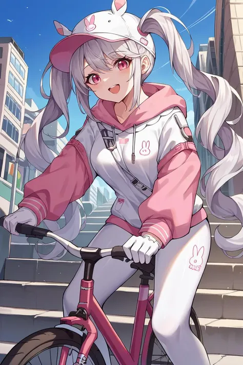 score_9, score_8_up, source_anime, 1girl, solo, <lora:alice-nikke-richy-v1_pdxl:1> alicebunny, twintails, very long hair, grey hair, hat, pink eyes, hoodie, white leggings, white gloves, riding bicycle, city street, stairs, blue sky, smile, open mouth
