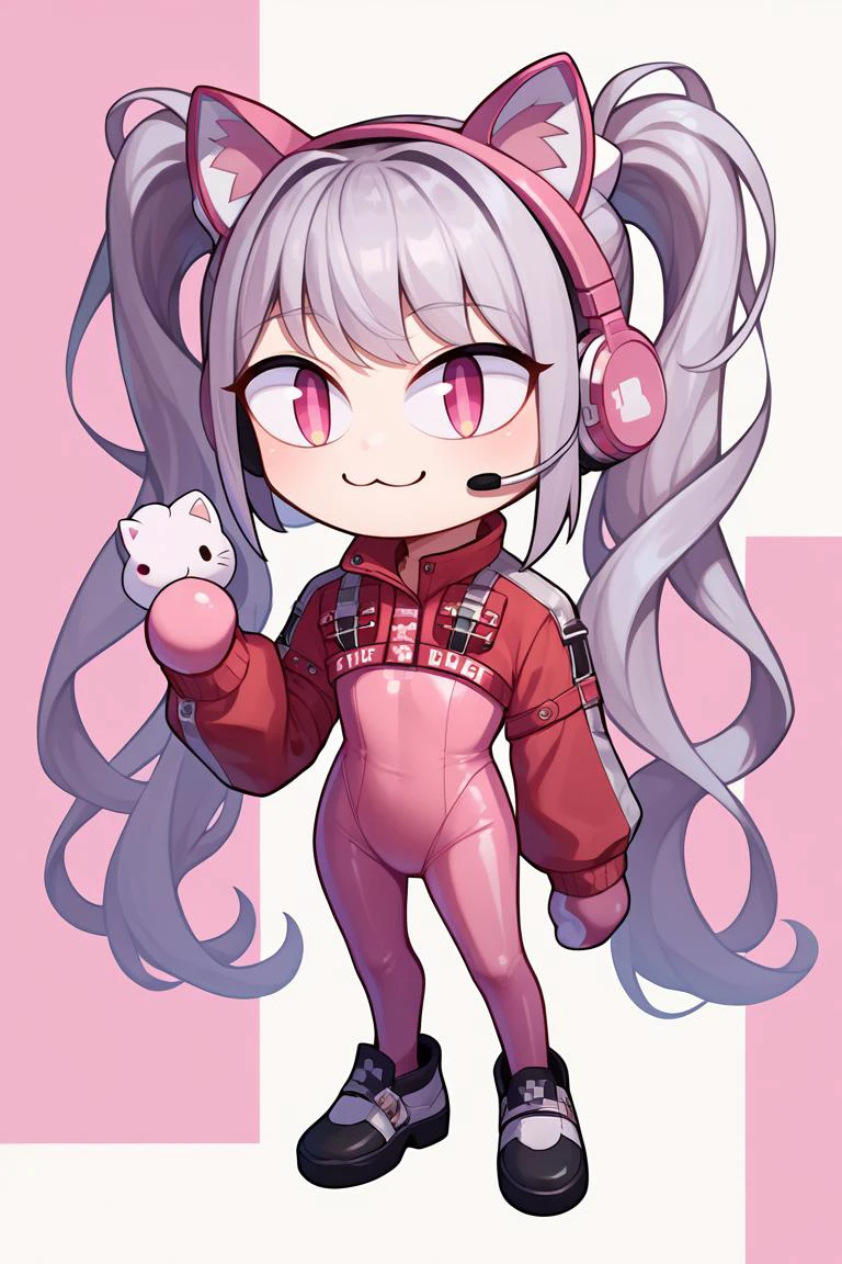 score_9, score_8_up, score_7_up, score_6_up, score_5_up, score_4_up, BREAK, solo, <lora:necoarc-guy-PONY-v1:.95>, necoarc, lit pupils, cat ears, chibi, :3, <lora:alice-nikke-richy-v1_pdxl:0.9> alicedef, twintails, very long hair, grey hair, fake animal ears, headset, pink eyes, pink bodysuit, shrug \(clothing\), multicolored gloves, latex, full body, abstract background,
