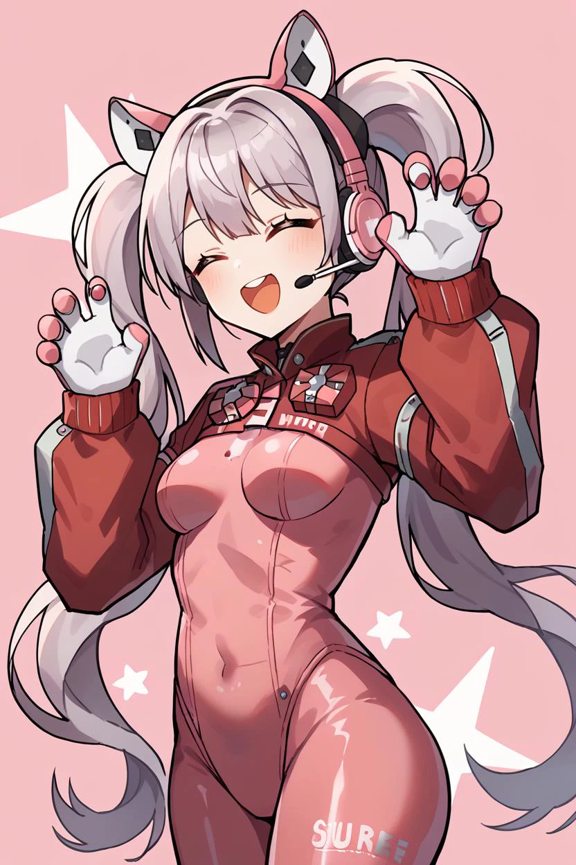 score_9, score_8_up, source_anime, 1girl, solo, <lora:alice-nikke-richy-v1_pdxl:1> alicedef, twintails, very long hair, grey hair, fake animal ears, headset, pink eyes, pink bodysuit, shrug \(clothing\), multicolored gloves, latex, from side, arched back, closed eyes, happy, paw pose, pink background, sunburst background