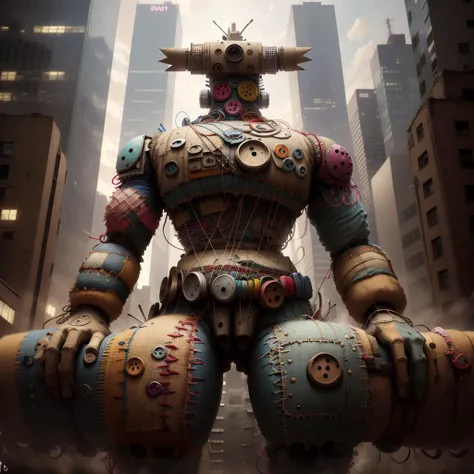 <lora:voodooTECHv3:1>,  v00d00t3ch,  stitches, huge mecha, cityscape,