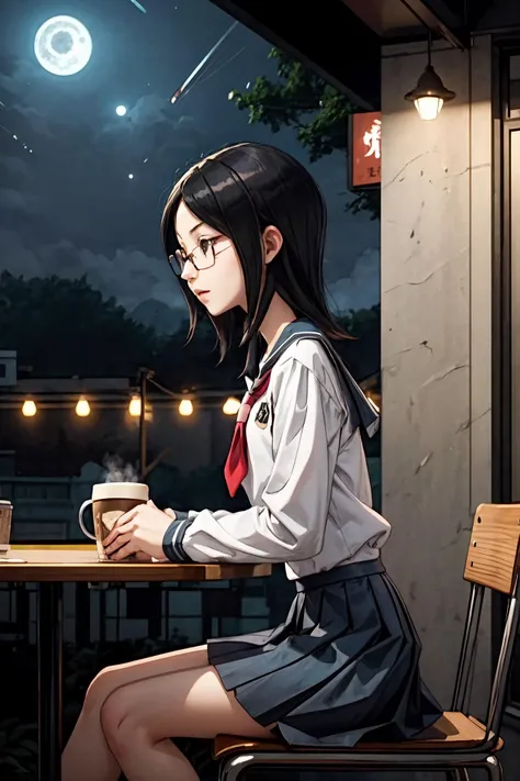 (masterpiece),(best quality),<lora:Harumi:0.9>, Harumi, glasses, grey eyes, school uniform, blue skirt, red necktie,sitting , (cafe shop), looking away, cafe, coffee steam, beautiful face, beautiful moonlight, ((night)), milky way, stars, <lora:Adddetail:0.7>