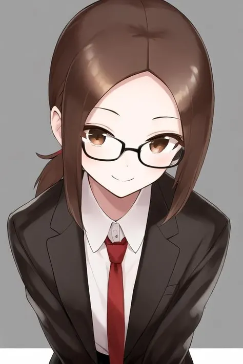 <lora:exTakagi:0.7> masterpiece, best quality, 1girl, solo, medium hair, looking at viewer, smile, brown hair, ponytail, brown eyes, sidelocks, parted bangs, forehead, collared shirt, black jacket, red necktie, black skirt, glasses,