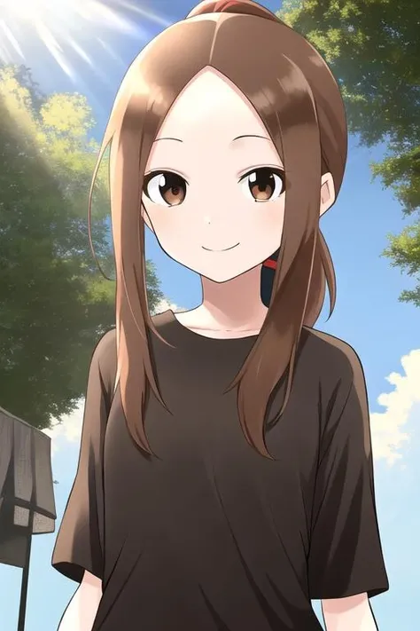 <lora:exTakagi:0.7> masterpiece, best quality, 1girl, solo, long hair, looking at viewer, smile, brown hair, ponytail, shirt, brown eyes, upper body, sidelocks, parted bangs, black shirt, forehead, outdoors, sunlight, anime coloring,