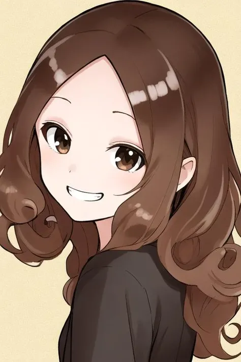 <lora:exTakagi:0.7> masterpiece, best quality, 1girl, solo, long hair, looking at viewer, smile, grin, brown hair, hair down, curly hair, brown eyes, sidelocks, parted bangs, forehead, black shirt, upper body,