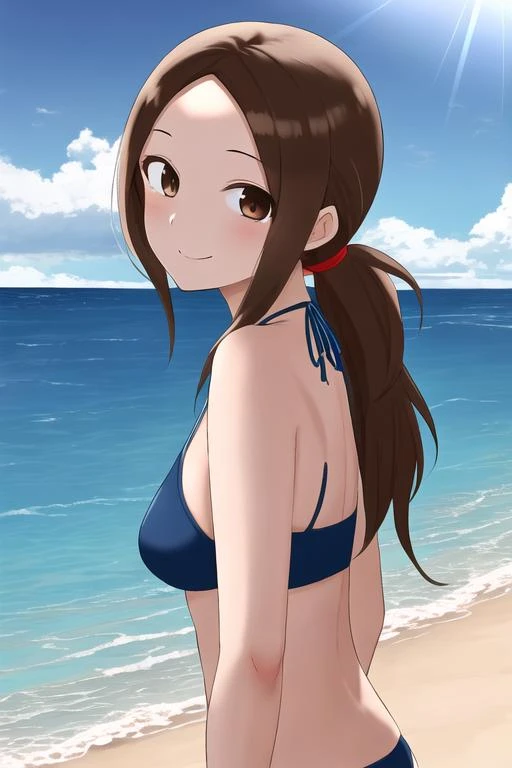 NSFW　(４ｋquality, 最高quality, Takagi１, Brown eyes, length_hair, Ultra-small_chest,）A vivid face　Blue Bikini　　１６Year　Sexy pose　Fascinating　　Beautiful Abs　　綺麗なOcean岸　Ocean