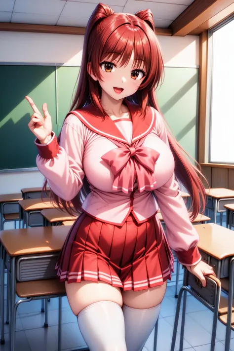 1girl, (classroom:1.4), cowboy shot, smile, open mouth, 
kousaka_tamaki, brown eyes, red hair, long hair, school uniform, serafuku, long sleeves, pleated skirt, white thighhighs,  <lora:kousaka_tamaki_lora_ver1:0.7>, best quality, masterpiece, highres, <lora:GoodHands-vanilla:1>