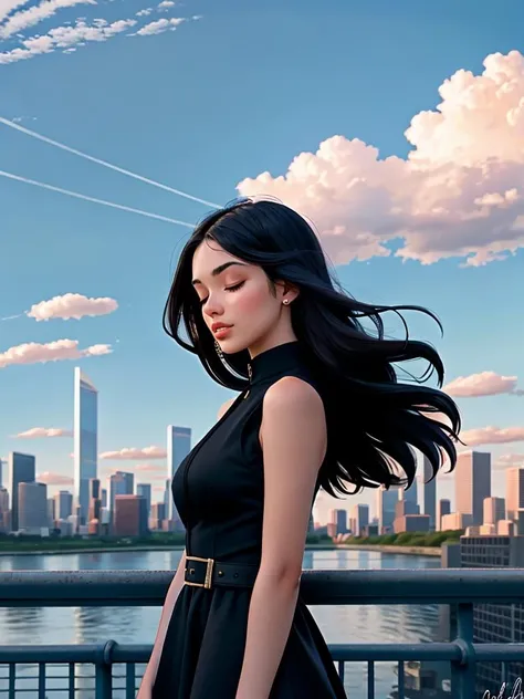 Realistic photo of a beautiful r4ch3lz woman, 1girl,solo,long hair,black hair,dress,bare shoulders,closed eyes,outdoors,sky,sleeveless,day,cloud,signature,dark skin,black dress,dark-skinned female,blue sky,lips,bare arms,building,city,realistic,railing,cityscape, soft lighting, professional Photography, Photorealistic, detailed, RAW, analog, sharp focus, 8k, HD, high quality, masterpiece<lora:r4ch3lz:1.0>