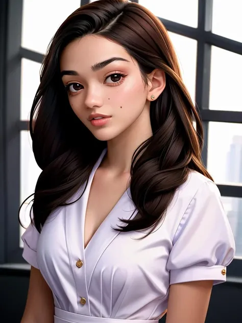 Realistic photo of a beautiful r4ch3lz woman, 1girl,solo,long hair,looking at viewer,brown hair,black hair,upper body,parted lips,mole,black eyes,lips,portrait,mole under mouth,forehead,realistic, soft lighting, professional Photography, Photorealistic, detailed, RAW, analog, sharp focus, 8k, HD, high quality, masterpiece<lora:r4ch3lz:1.0>