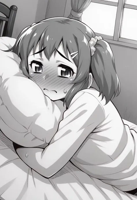 monochrome,  grayscale, <lora:katou_jun_v3_mixed_32_4_3600 XL:1>
BREAK
1girl, bed, blush, futon, hair ornament, hair scrunchie, hairclip, indoors, lying, nose blush, object hug, pillow, pillow hug, scrunchie, polka dot scrunchie, sick, solo, sweat, twintails, window