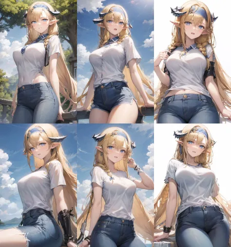 1girl,origentou,cowboyshot,jeans,t-shirt,headband,horns