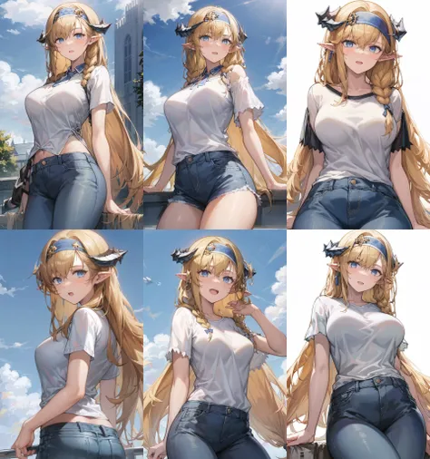1girl,origentou,cowboyshot,jeans,t-shirt,headband,horns