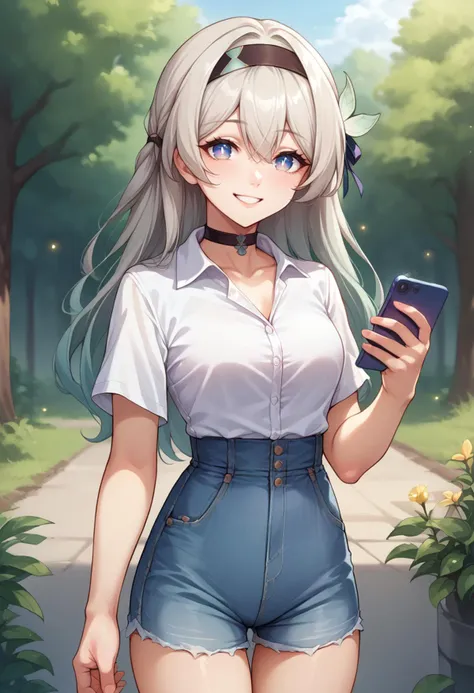 score_9, score_8_up, source_anime, Firefly, blue pupils, long hair, black hairband, hair ornament, white shirt, dress shirt, black choker, holding cellphone, denim shorts, high-waist shorts, outdoors, smile, <lora:ChamFireflyPonyXL:1>