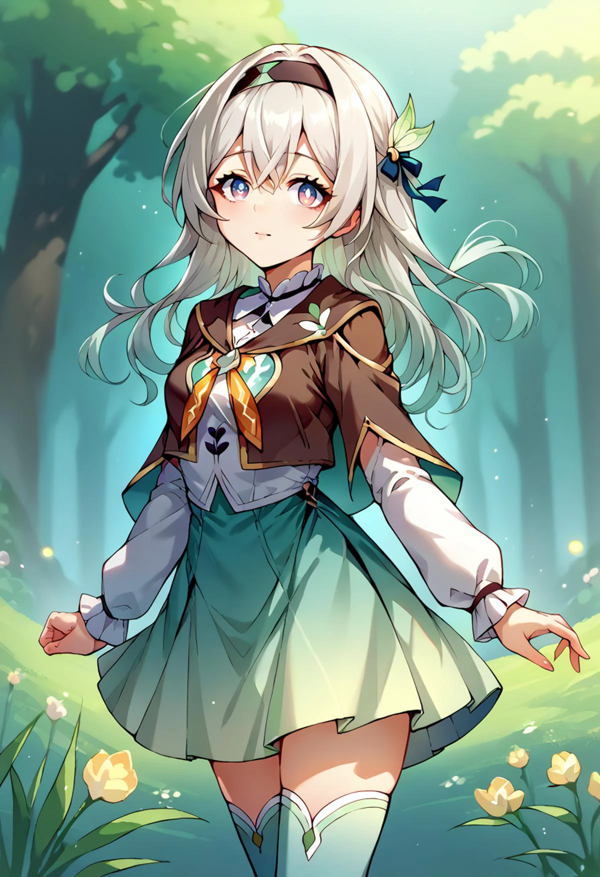 <lora:uran_style_pony6_v1:0.9> urnsty, <lora:ChamFireflyPonyXL:0.8> Firefly, blue pupils, long hair, black hairband, hair ornament, brown capelet, frilled collar, white shirt, long white sleeves, green skirt, gradient thighhighs,, score_9, score_8_up, score_7_up, source_anime,