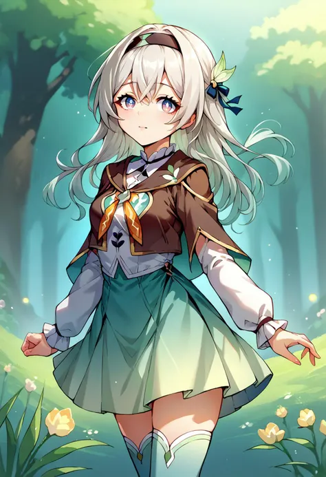 <lora:uran_style_pony6_v1:0.9> urnsty,  <lora:ChamFireflyPonyXL:0.8> Firefly, blue pupils, long hair, black hairband, hair ornament, brown capelet, frilled collar, white shirt, long white sleeves, green skirt, gradient thighhighs,, score_9, score_8_up, score_7_up, source_anime,