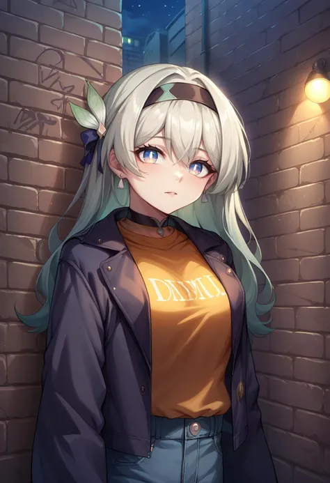 score_9, score_8_up, source_anime, Firefly, blue pupils, long hair, black hairband, hair ornament, earrings, sharp eyes, choker, neon shirt, open jacket, turtleneck sweater, night, against wall, brick wall, graffiti, dim lighting, alley, looking at viewer, <lora:ChamFireflyPonyXL:1>