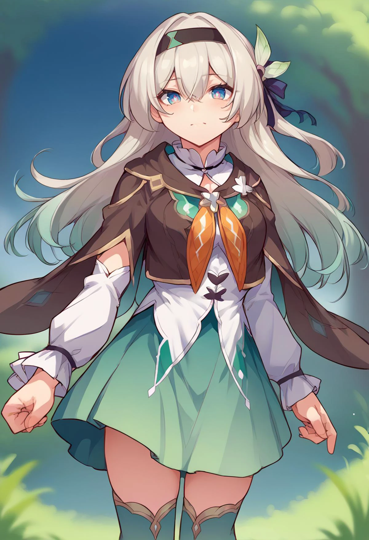 <lora:shiseki_hirame_PonyXL_style_v01:1> <lora:ChamFireflyPonyXL:1> Firefly, blue pupils, long hair, black hairband, hair ornament, brown capelet, frilled collar, white shirt, long white sleeves, green skirt, gradient thighhighs,, score_9, score_8_up, score_7_up, source_anime,