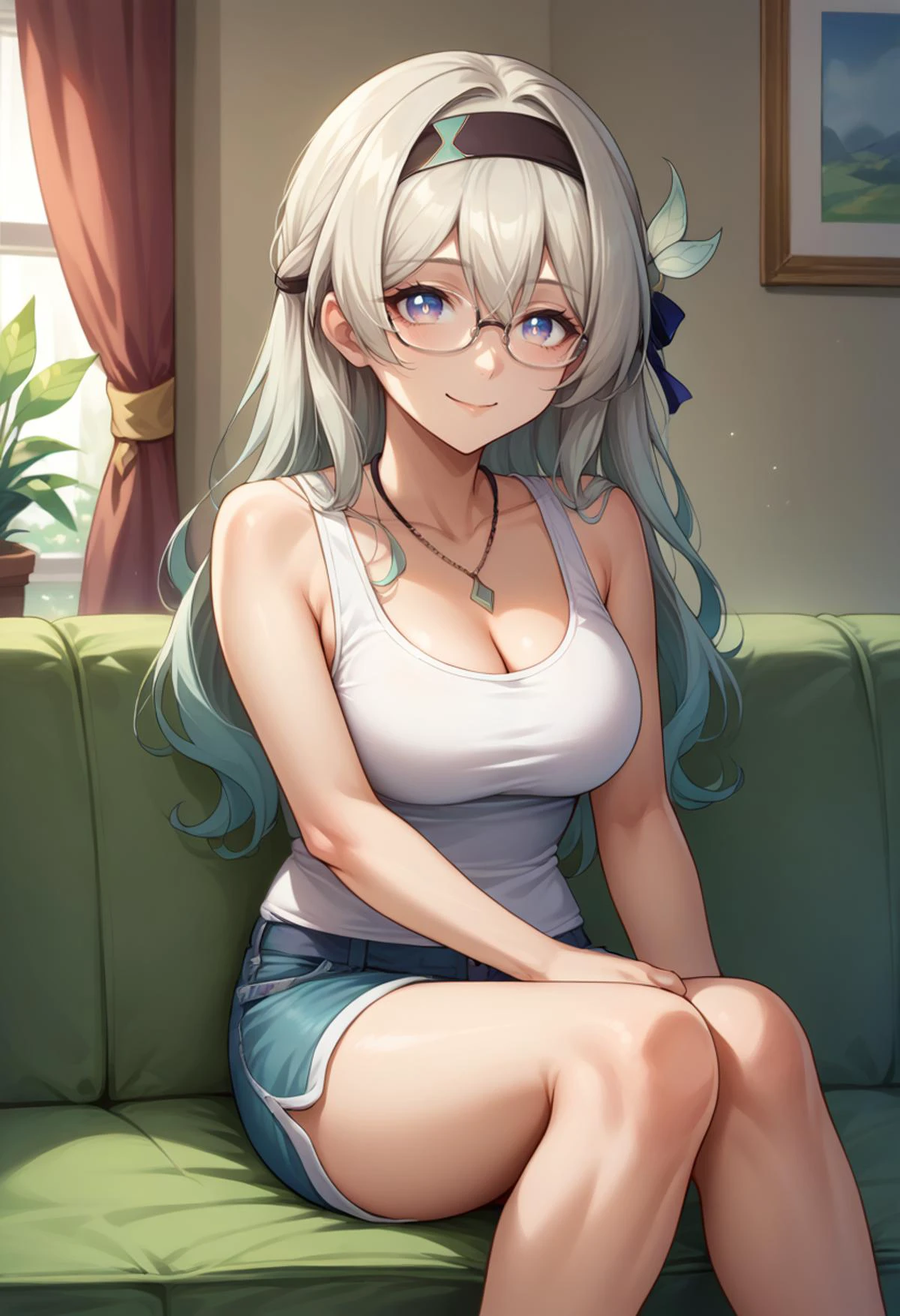 score_9, score_8_up, source_anime, Firefly, blue pupils, long hair, black hairband, hair ornament, glasses, tank top, cleavage, necklace, sleeveless, shorts, smile, indoors, sitting, on couch, <lora:ChamFireflyPonyXL:1>