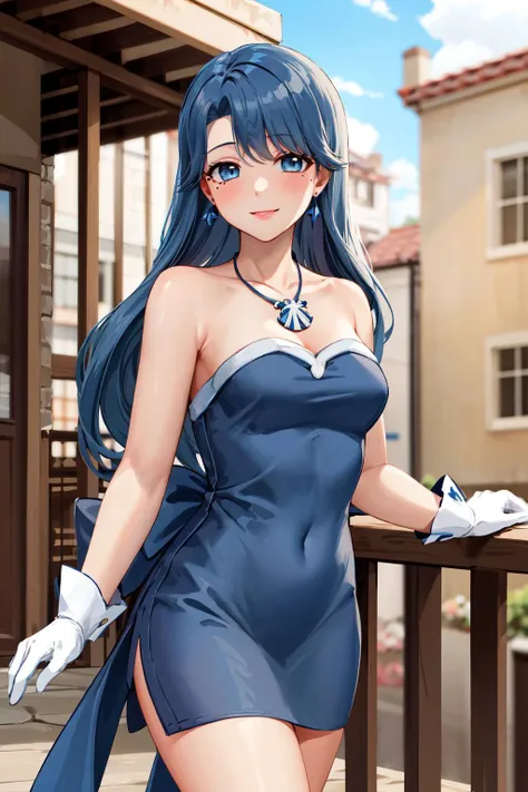 masterpiece, best quality, highres, 1girl, solo, long hair, blue hair, blue eyes, mole under eye, medium breasts, earrings, necklace, bare shoulders, blue dress, strapless dress, white gloves, <lora:noel_v1:0.7>, cowboy shot, standing, smile, outdoors