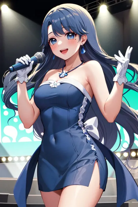 masterpiece, best quality, highres, 1girl, solo, long hair, blue hair, blue eyes, mole under eye, medium breasts, earrings, necklace, bare shoulders, blue dress, strapless dress, white gloves, <lora:noel_v1:0.7>, cowboy shot, standing. stage. holding microphone, smile, open mouth,