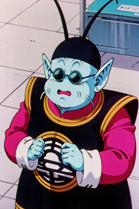 kaio,1boy,solo,cowboy shot,light blue skin, antennae, whiskers,pointy ears,black tunic, black hat, kanji, magenta shirt,(sunglasses),long sleeves,looking at viewer,<lora:kaio_v1:0.9> , flat color, solo, masterpiece, best quality, 8k, <lora:EPTakeuchiNaokoStyle:1>