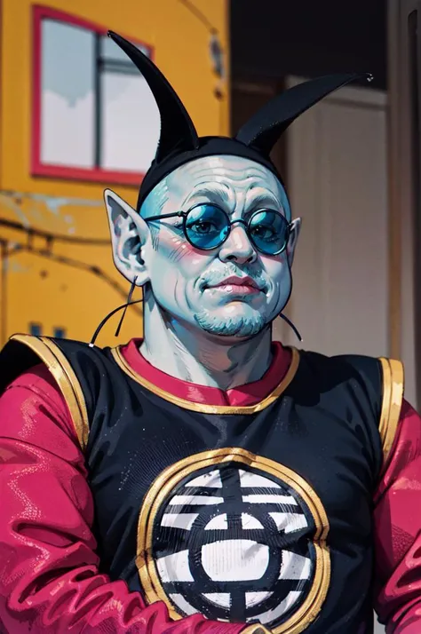 kaio,1boy,solo,cowboy shot,light blue skin, antennae, whiskers,pointy ears,black tunic, black hat, kanji, magenta shirt,(sunglasses),long sleeves,looking at viewer,<lora:kaio_v1:0.8> , flat color, solo, masterpiece, best quality,  8k,