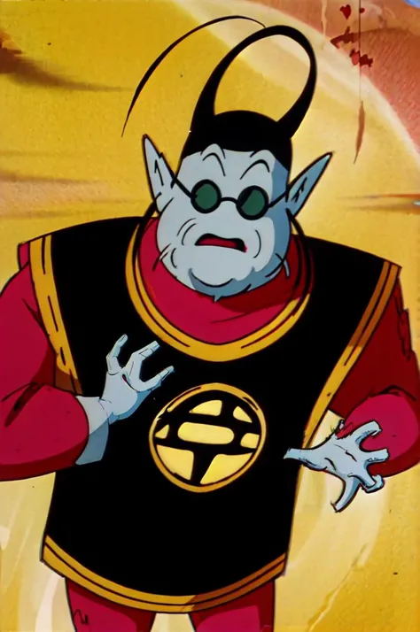 kaio,1boy,solo,cowboy shot,light blue skin, antennae, whiskers,pointy ears,black tunic, black hat, kanji, magenta shirt,(sunglasses),long sleeves,looking at viewer,<lora:kaio_v1:1.0> , flat color, solo, masterpiece, best quality,  8k, <lora:batman_adventures_offset:1.5>, batman