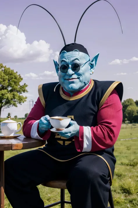 kaiosama,light blue skin,antennae,black hat,whiskers,pointy ears, sunglasses, black tunic, black hat, kanji, magenta shirt,long sleeves, purple pants, looking at viewer, serious, smirk, sitting, on stool, holding tea cup, small table, table, outside, field, pink sky, high quality, masterpiece <lora:kaio_v0_1_prod:.8>