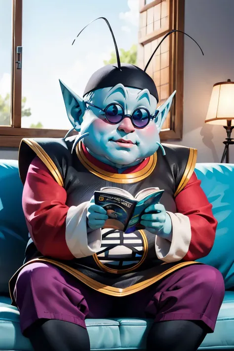 kaiosama,light blue skin,antennae,black hat,whiskers,pointy ears, sunglasses, black tunic, black hat, kanji, magenta shirt,long sleeves, purple pants,looking at viewer, serious, sitting, on sofa, holding magazine, window, sunny, lamp, high quality, masterpiece <lora:kaio_v0_1_prod:.8>