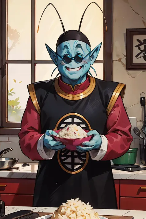 kaiosama,light blue skin,antennae,black hat,whiskers,pointy ears, sunglasses, black tunic, black hat, kanji, magenta shirt,long sleeves, looking at viewer, serious, smiling, standing, inside cozy kitchen, holding bowl of rice, soft lighting, counter, high quality, masterpiece <lora:kaio_v0_1_prod:.8>