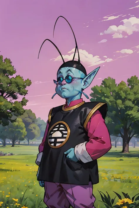 kaiosama,light blue skin,antennae,black hat,whiskers,pointy ears, sunglasses, black tunic, black hat, kanji, magenta shirt,long sleeves, purple pants, looking at viewer, seductive smile, lying, on back, leg up, on large bed, from_above, high quality, masterpiece <lora:kaio_v0_1_prod:.8>