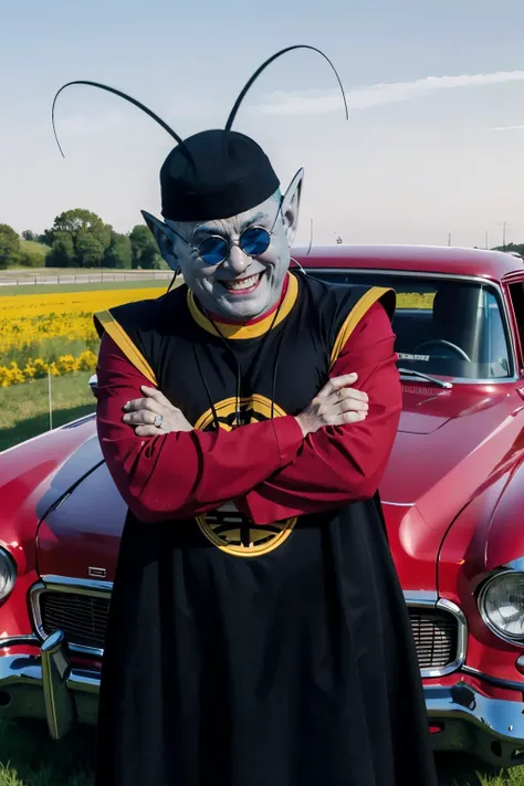 kaiosama,light blue skin,antennae,black hat,whiskers,pointy ears, sunglasses, black tunic, black hat, kanji, magenta shirt,long sleeves, purple pants, looking at viewer, smiling, teeth, leaning, arms crossed, (on red car, 1970 Chevrolet bel air,) outside, field, pink sky, high quality, masterpiece <lora:kaio_v0_1_prod:.8>