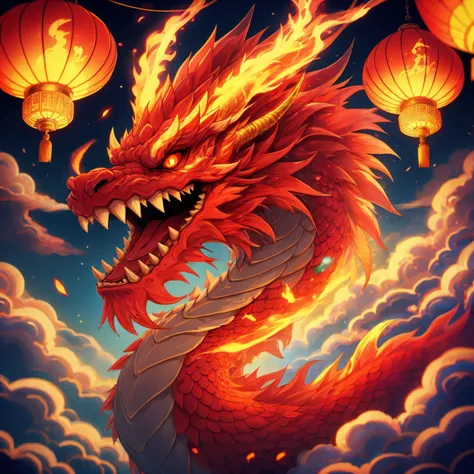 paper lantern, dragon, eastern dragon, lantern, no humans, horns, architecture, east asian architecture, (glowing:1.2), scales, open mouth, cloud, sharp teeth, sky, fire, creature, tongue, night, abstract, <lora:DragonsAbstract:0.5>