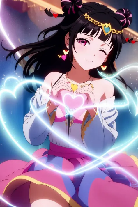 1girl, solo, mahoro, smile, arabian vibes, wink, one eye closed, tilt head, black hair, heart earrings, braid, double bun, necklace, long hair, pink eyes, bangs, heart hair ornament, wide sleeves, collarbone, (circlet), blunt bangs, two-tone hair, (best quality, masterpiece) <lora:mahoro_v1_1:1>, <lora:heartChest:0.5> , heartChest, (heart-shaped hands, glowing heart)