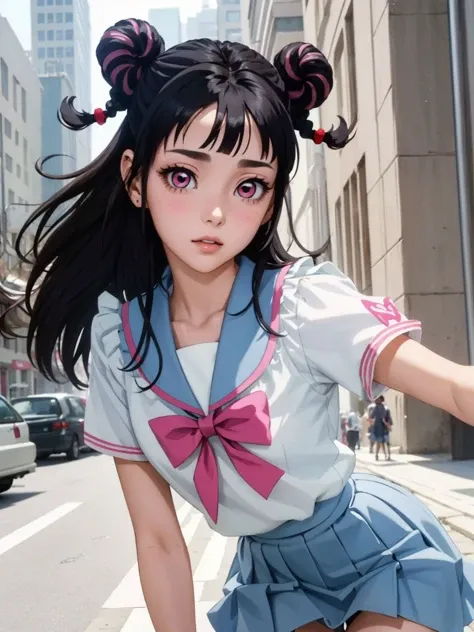 (Best Quality,4K,High resolution:1.2), Ultra-detailed, Realistic portrait, Best Quality, (outside japanese high school), (passionate scene),one very young looking high school girl, (intense emotion), (carp), (kiss:1.1), , (open eyes),(innocent look), student clothes, long black hair with bows and ribbons、Mini Pleated Skirt、(Stockings), standing, open mouth, (very big breasts), lingerie, pigtails, thin tiny waist, black and pink marching band uniform with bow, having fun, small body, big brown eyes, big cute smile, (full body, perfect long legs, looking up staring into camera, far away), (muscular lean abs, tight cropped blouse)