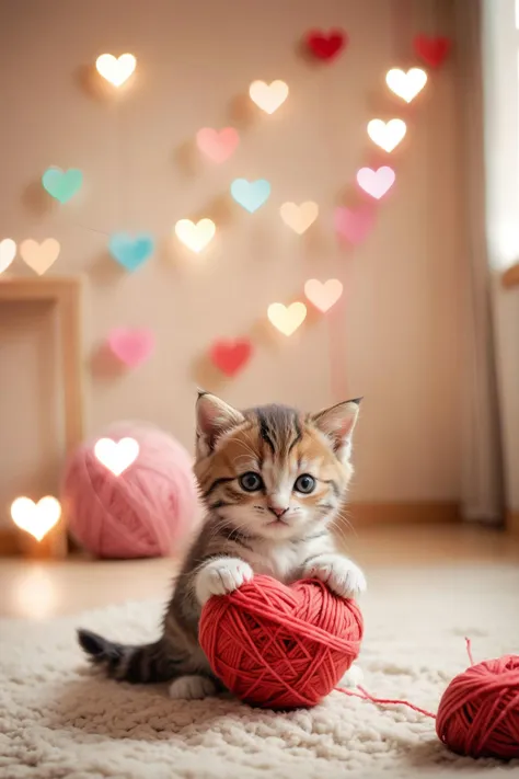 Adorable kitten, playing with a ball of yarn, blurred cozy room background, playful and cute super cute wallpaper, anime, comic, 
 <lora:aidmaBokehmachine-V0.1:0.725>   ,  bokehmachine, blurry background, heart bokeh