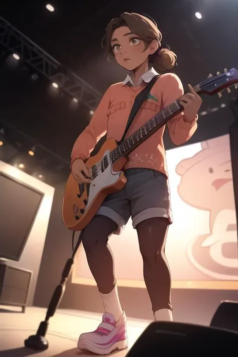 <lora:fnaf cassie-06:1> cassie, full body, standing on stage, concert, playing guitar, holding orange remote, detailed background, detailed shading, detailed ambient light, detailed background, masterpiece,