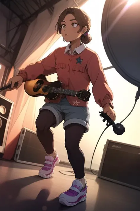 <lora:fnaf cassie-06:1> cassie, full body, standing on stage, concert, playing guitar, holding orange remote, detailed background, detailed shading, detailed ambient light, detailed background, masterpiece,