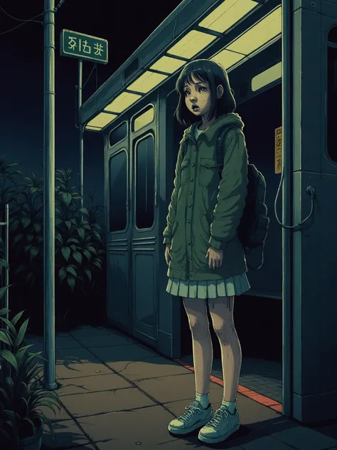 drawix4, Fish eye shot of scary girl, standing alone in a bus stop, bus stop sigh, isolated place, bush in the background , extremely dark scene, in Japan tokyo, Horror Movie, nightmare, surrealistic, spot light, <lora:drawix4:1>