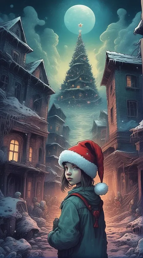 drawix4 girl in santa hat and costume, christmas saint, destroyed buildings and a group of people in the background, a dark and mysterious world unfolds, enigmatic dreamscape surrealistic <lora:drawix4:1>