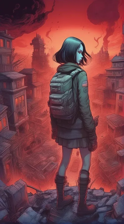 drawix4 cyborg girl, hell, destroyed buildings and a group of people in the background, a dark and mysterious world unfolds, enigmatic dreamscape surrealistic <lora:drawix4:1>
