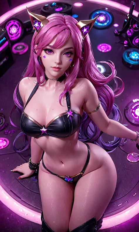 best quality,masterpiece,realistic,full body,1girl,pink hair,k/da \(league of legends\),3DÂ graphics,there is a star below the left eye,<lora:MIAOKA_KDA_XL:0.8>,pov,magic circle,Bandeau Top,