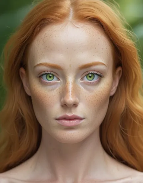 1woman{face[ginger with freckles and green eyes] [((perfect golden ratio facial symmetry))]}, UHD 8k F2.8 RAW photo 35mm,